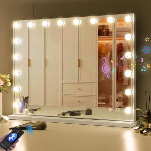 Grande specchio da trucco con luci e altoparlanti Bluetooth luci a LED dimmerabili con porta USB con ingrandimento 10 volte per il trucco della donna