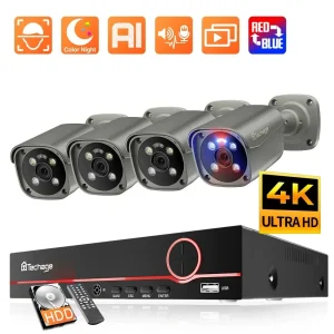 Techage 4K 8MP Sistema di telecamere di sorveglianza H.265 8CH PoE NVR Kit rilevamento umano Allarme luce rossa-blu P2P Video Audio CCTV Camera