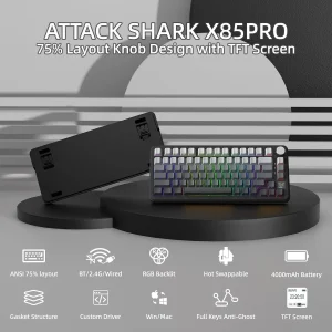 ATTACK SHARK X85Pro Tastiera meccanica al 75% con schermo e manopola sostituibile a caldo Wireless 2.4GHz/Bluetooth/cablato Supporto per guarnizione RGB QM