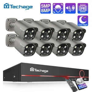 Techage 8CH 5MP 8MP Sistema di telecamere di sicurezza 4K HD POE Kit telecamera IP Audio bidirezionale Rilevamento facciale Video sorveglianza esterna in metallo