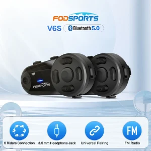 Fodsports V6S Interfono Moto Bluetooth 5.0 Casco Auricolare 6 Piloti 1000m Interfono Moto Intercomunicador Moto Interphone FM
