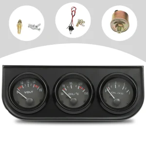 Voltmetro per auto 3 in 1 da 5,2 cm, indicatore della temperatura dell’olio, set di manometro dell’olio universale per automobile 12 V, nero