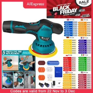 DayPlus Lucidatrice per auto Buffer Lucidatrice a batteria da 125 mm Lucidatura elettrica Levigatura con 2 batterie da 2,0 Ah 8 velocità variabile