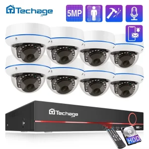 Techage H.265 5MP 8CH POE Sistema di telecamere Audio unidirezionale Antivandalo Telecamera in metallo CCTV per interni Kit di videosorveglianza di sicurezza P2P