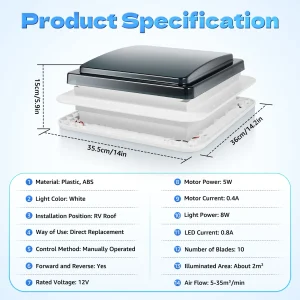 Ventola di scarico per tetto da 28 * 28 cm Ventola di scarico per tetto da caravan 12 V con luce LED 30 W