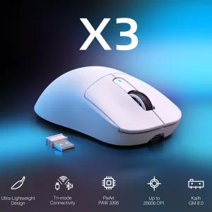 ATTACK SHARK X3 Mouse da gioco Wireless, Mouse ergonomico per PC 49g, Triple modalità PAW3395 sensore ottico 26K DPI, pulsanti programmabili