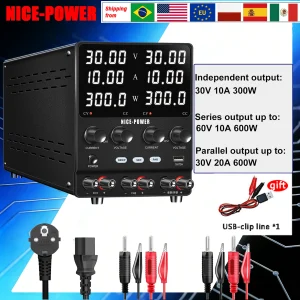 Alimentatore DC NICE-POWER 30V 10A Regolabile a Doppio Canale, Alimentatore da Laboratorio, Regolatore di Tensione, Uscite Multiple 120V3A 60V5A