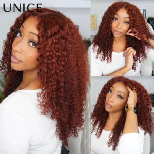 UNice 7×5 Parrucche per capelli umani ricci Jerry marrone rossastro in pizzo con coulisse Pre taglio Pre candeggiato Indossare Go Glueless Parrucche