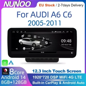 Autoradio Nunoo Android 14 per Audi A6 C6 4F 2005-2011 con GPS, Navigatore, Multimedia, Stereo, 8+128GB RAM, WIFI e CarPlay