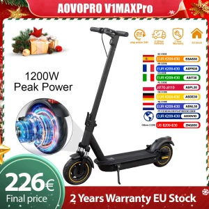 AOVOPRO V1MAX PRO 1200W Scooter elettrico 45KM Gamma massima 35KM/H 500W Potenza motore 42V14.5AH Scooter elettrico pieghevole per adulti