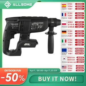 Allsome Trapano a percussione elettrico Martello rotante Martello a batteria senza spazzole Trapano elettrico per batteria al litio Makita 18V