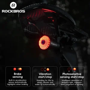 ROCKBROS Luce di rilevamento del freno automatico intelligente per bicicletta LED impermeabile USB C Ricarica Fanale posteriore per bicicletta Accessori per luci posteriori per bici Q0