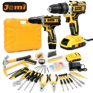 Set trapano elettrico a batteria Jemi Tool 12v/21v, trapano a percussione 45Nm, impostazione coppia 25+3, con 45 accessori opzionali