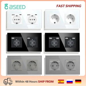 BSEED Doppia Presa Presa EU EU Standard di Presa A Muro 3 Colori Bianco Nero Gloden Pannello In Vetro Cristallo 16A 110V-240V