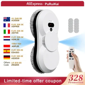 Robot per la Pulizia dei Vetri PuRuiKai, Aspirazione 5600Pa, Spruzzo Automatico Bidirezionale con Serbatoio da 50ml, Sistemi di Sicurezza Multipli, Con Motori Brushless