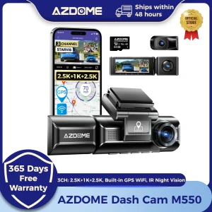 AZDOME M550 Dash Cam a 3 canali, anteriore interno posteriore a tre vie per auto, 4K + 1080P Dual Channel, con GPS, WiFi, visione notturna IR