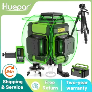 Huepar 3×360 °   Livello laser Raggio verde 12 linee Strumenti di livello laser a linee incrociate autolivellanti con modalità impulso e custodia rigida