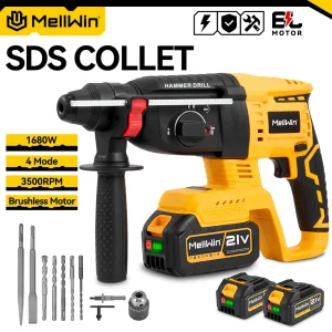 MELLWIN 1680W Trapano a percussione elettrico senza spazzole 26MM Martello a percussione rotante a batteria Utensile elettrico per la lavorazione del legno per batteria 21V 18V