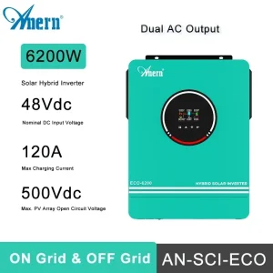 Anern 6.2KW 4.2KW 3KW 1.6KW Inverter ibrido Off Grid Doppia uscita CA MPPT 120A su rete Inverter solare 48V 24V 12V 230V PV 500Vdc