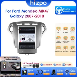 Hizpo Autoradio Carplay Wireless Android 14 da 9,7″ per Ford Mondeo MK4 Galaxy 2007 – 2010 Lettore multimediale per auto 4G DSP BT RDS 2din