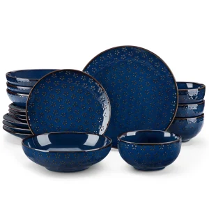 MALACASA LYDIA 16/32 pezzi Piatti in gres blu Set da pranzo Stoviglie in rilievo con 6 pezzi Piatto piano/Dessert/Sopa/Botola