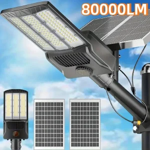 80000LM luce solare con 2 pannelli solari lampione solare per esterni con sensore di movimento lampada da parete da giardino parcheggio luce di inondazione solare