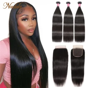 Nadula Hair 3 Bundles capelli lisci con chiusura chiusura in pizzo 4×4 con fasci con chiusura 5×5 HD chiusura in pizzo capelli umani Remy