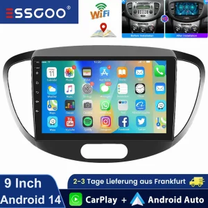 ESSGOO Android 14 per Hyundai i10 2007–2013 9″ CarPlay wireless Android Auto Touchscreen IPS Navi GPS Controllo al volante Autoradio BT WiFi USB FM Lettore video multimediale Mirror Link Funzione