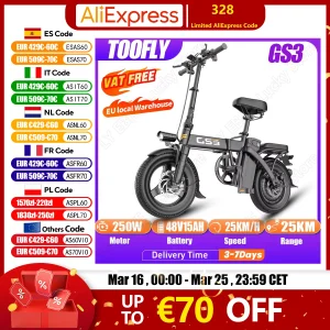 TOOFLY GS3 Bicicletta Elettrica Pieghevole 250W 48V15AH Viaggio Per Adulti Città Pendolari Bici Elettrica 14*2.125 Pollici Pneumatico Mini E-bike
