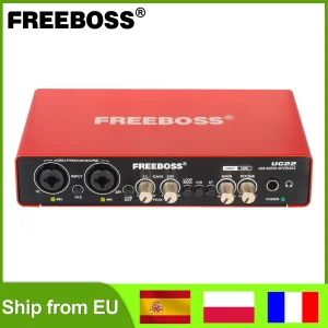 FREEBOSS 24Bit 192KHz Interfaccia audio PC professionale Registrazione stereo Chitarra 48V 2 Ingresso microfono XLR Scheda audio esterna USB UC22