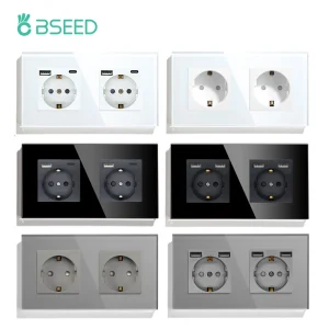 BSEED EU prese a muro doppie prese di corrente bianco nero doppia cornice USB Type-C porta di ricarica del telefono pannello in vetro protezione per bambini 16A