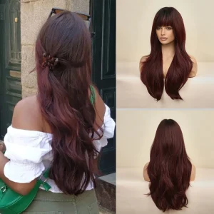 Parrucca bionda unicorno rosso ciliegia parrucca sintetica lunga ondulata con frangia parrucche per capelli Cosplay per feste quotidiane per le donne fibra resistente al calore