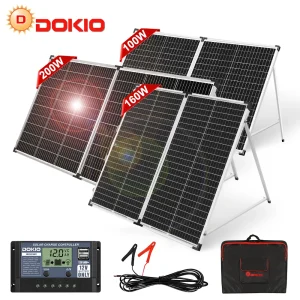 DOKIO Pannello Solare Rigido Pieghevole in Vetro 100W/160W/200W con Controller 12V Portatile – Pannelli Solari Monocristallino per Camper, Casa, Campeggio, Batterie e Sistema Fotovoltaico Off-Grid ad