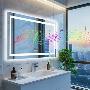 Specchio da bagno a LED Wisfor con luci Specchio da trucco dimmerabile, display digitale Bluetooth intelligente Memoria a 3 colori