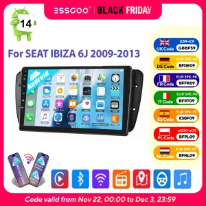 ESSGOO 9″ CarPlay wireless Android Auto Android 14 Radio Auto GPS Navigazione RDS WiFi Controllo al volante Bluetooth Apple CarPlay per SEAT IBIZA 6J 2009–2013 Mirror Link FM USB Lettore video