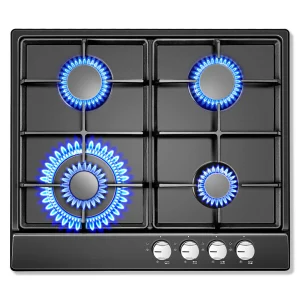 Fornello a gas a 4 fuochi da 58 cm in acciaio smaltato nero con protezione automatica della fiamma 8,06 kW Doppio carburante (NG/GPL) convertibile incorporato/autoportante