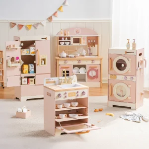 Robotime Robud Set da gioco da cucina ad angolo per bambini Set da cucina in legno con suono realistico Fai finta di giocare regalo per ragazzi e ragazze Rosa