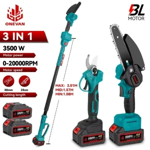 ONEVAN 4IN1 Motosega Elettrica Telescopica Senza Spazzole 3500W, Forbici per Rami Alti, Attrezzo da Giardinaggio Compatibile con Batteria Makita 18V