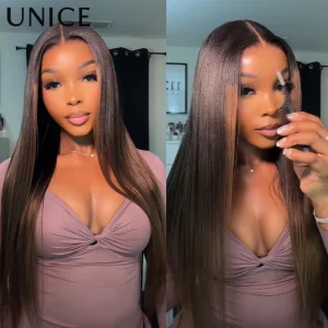 UNICE 7×5 e 13×4 Pre Cut Pre Candeggiato Glueless Parrucche Capelli Umani Coulisse Cap Chesnut Marrone Ombre Yaki Parrucca Diritta 150% Densità