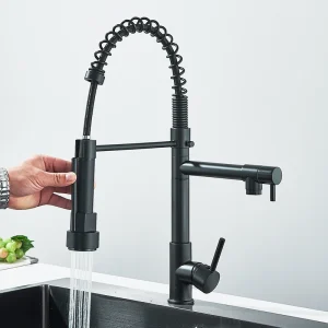 Rozin Nero Primavera Pull Down Rubinetto per lavello da cucina Montaggio su piano Doppio beccuccio Miscelatore acqua calda e fredda Gru, Maniglia singola, SUS 304