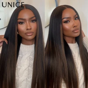 Parrucca UNice No-Slip Cap 7×5 Lace Marrone Castagna Ombré Yaki Liscia in Capelli Umani, Pre-Tagliata, Pre-Sbiancata, Senza Colla, Densità 150%