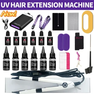 Kit di estensioni per capelli leggeri V tutto in uno con colla a luce UV e macchina per l’estensione dei capelli per estensioni di lunga durata