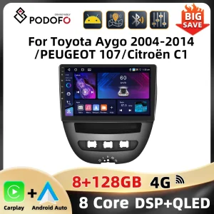 Podofo 10.1 ”8Core Car Stereo Per Toyota Aygo 2004-2014/PEUGEOT 107/Citroën C1 Lettore Multimediale Carplay Android Auto GPS WIFI