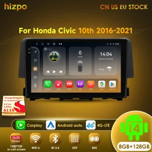 Hizpo Android 14 Car Multimedia DSP Per Honda Civic 10th 2016-2021 Radio Video Navigazione Unità di Testa Stereo QLED Schermo Carplay