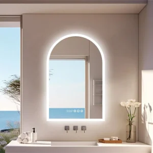 Specchio da bagno a LED a forma di arco verticale 60x90CM Display della temperatura dell’ora dello specchio antiappannamento illuminato senza cornice retroilluminato