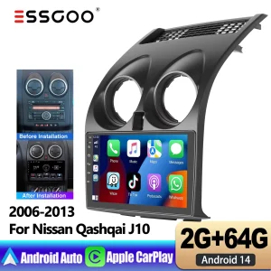 ESSGOO Autoradio 2 DIN 9″ Touchscreen Android 14 CarPlay e Android Auto Wireless per Nissan Qashqai 1 J10 2006-2013 Navigazione GPS WiFi FM Bluetooth Mirror Link Lettore Multimediale