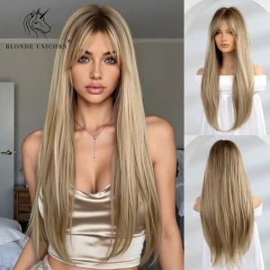 Parrucche sintetiche lunghe dritte naturali unicorno biondo radice scura Ombre biondo marrone per donne bianche nere fibra resistente al calore