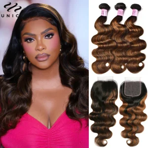 UNICE Hair Brown Balayage Body Wave fasci di capelli umani con chiusura parte libera chiusura in pizzo trasparente 4X 4 e fasci da 2/3/4 pezzi