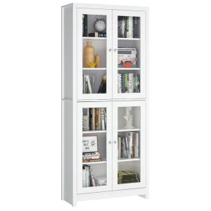 Getone Vetrina con 4 ante in vetro, libreria alta con ante, armadio da cucina indipendente per soggiorno, bianco, 190 x 80 x 33 cm