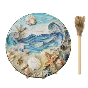 Tamburo piccolo Sea Wave Shell Shaman Hand Drum strumento a percussione per batteria per adulti per rituali di meditazione musicale bacchetta inclusa